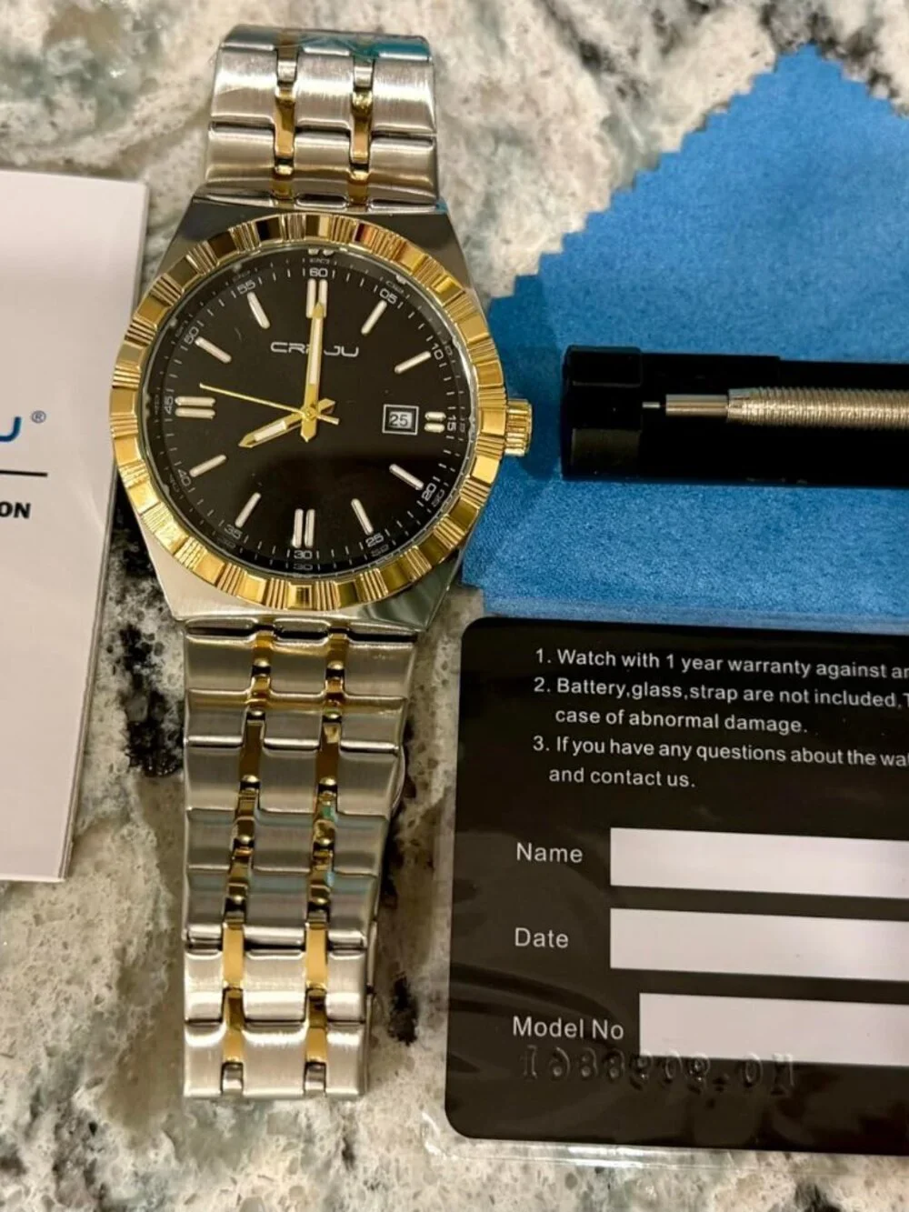 Crrju Men Gold Black Luxury Luminous Analog Quartz Classic Calendar Silver Watch